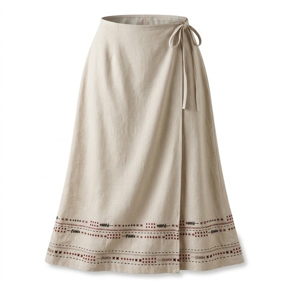 L.L. Bean Dresses & Skirts - Nordstrom Linen Wrap Skirt 14 Boho Coastal Grandma Cottagecore Embroidered Hem